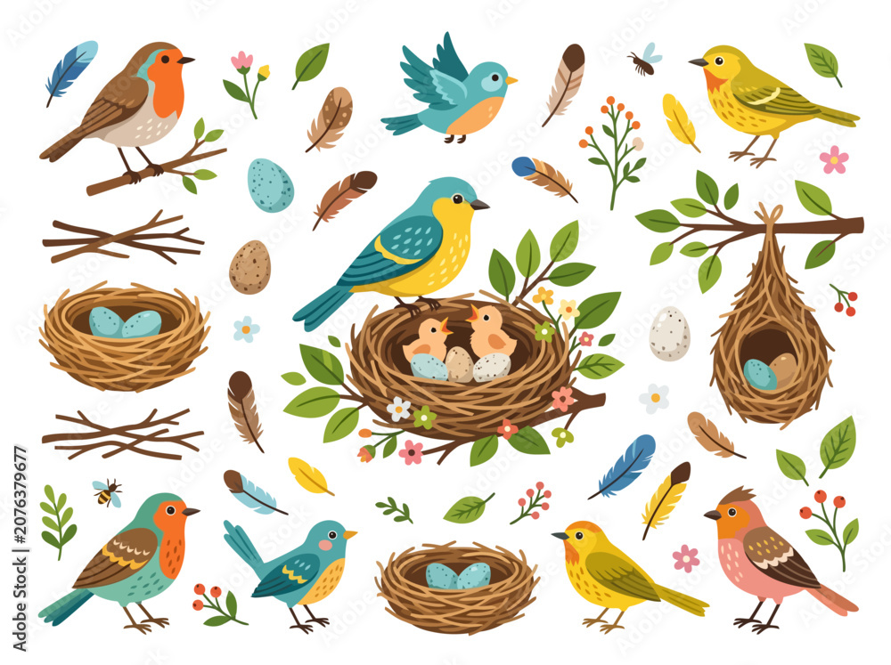 Obraz premium Collection of colorful songbirds nests eggs and feathers in watercolor style.