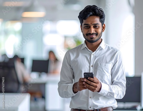 Young adult man using smartphone office.