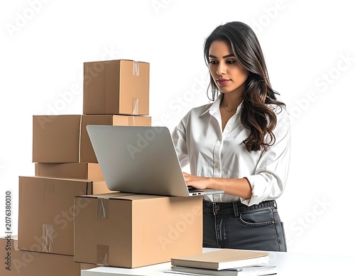 woman working with laptop and boxes.