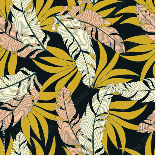 Abstract tropical pattern with colorful plants and leaves on a bright background. Summer colorful hawaiian seamless pattern with tropical plants. Tropic leaves in bright colors. Exotic wallpaper.
