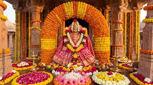 Ornate hindu temple deity statue with marigold flowers