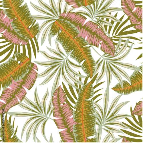 Abstract tropical pattern with colorful plants and leaves on a bright background. Summer colorful hawaiian seamless pattern with tropical plants. Tropic leaves in bright colors. Exotic wallpaper.