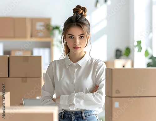 Young woman with arms crossed standing among cardboard boxes.