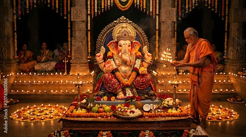 Hindu god ganesha idol with devotees performing aarti