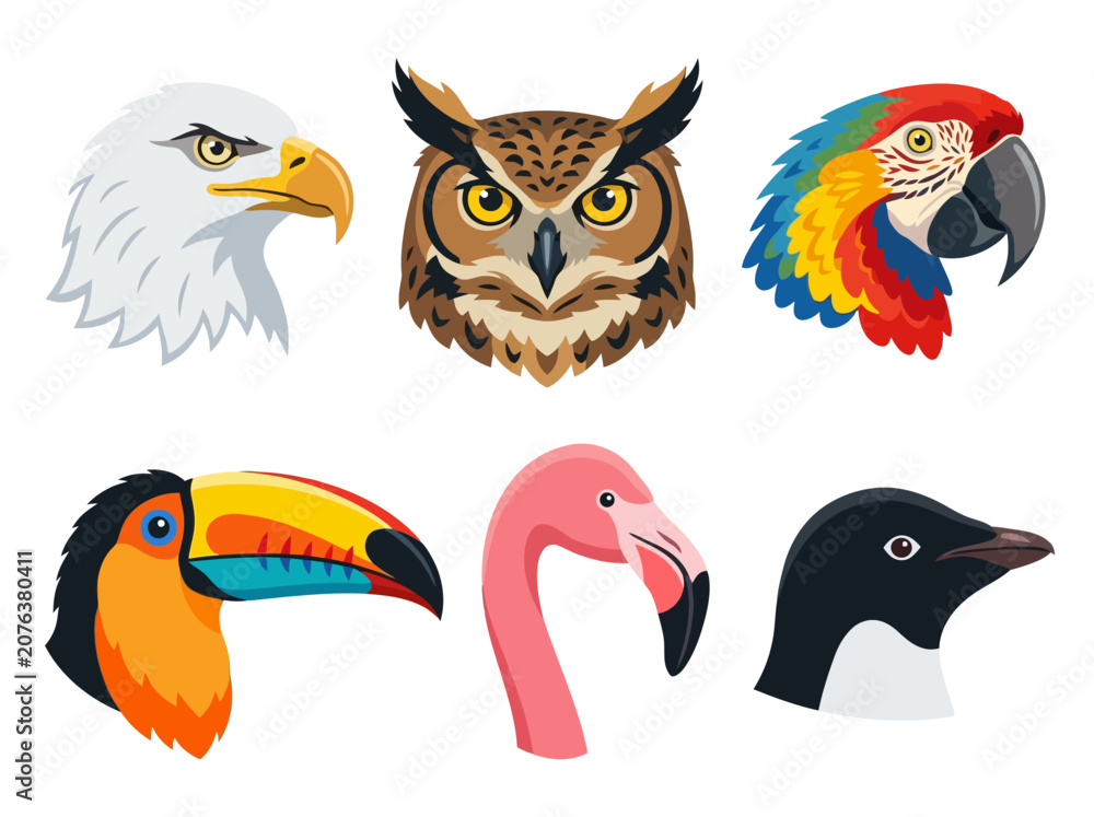 Fototapeta premium A collection of six detailed bird head illustrations featuring an eagle owl parrot toucan flamingo and penguin.