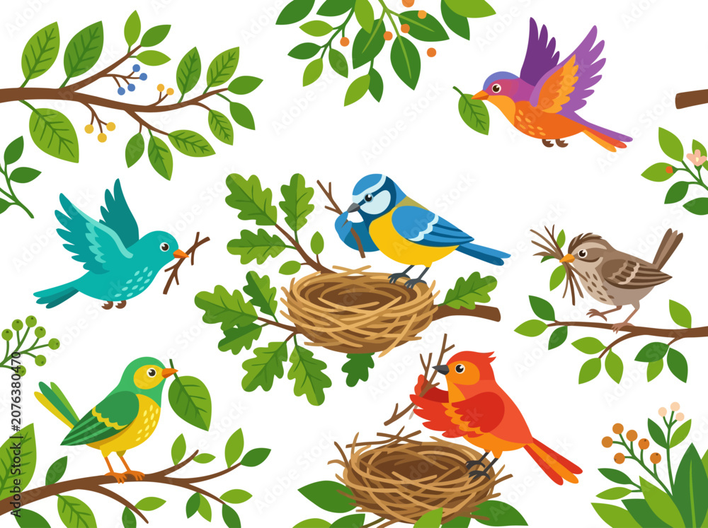 Obraz premium A collection of colorful birds building nests on tree branches.