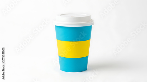 Blue and yellow striped disposable coffee cup with white lid