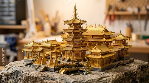 Intricate golden model of traditional chinese pagoda architecture