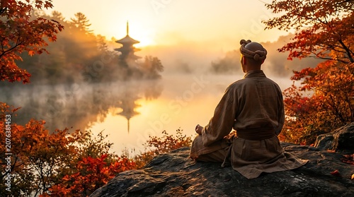Monk meditating by a serene lake during autumn sunset