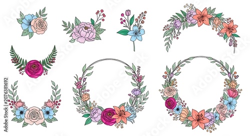 Colorful Hand Drawn Floral Wreath Collection Arranged on White Background