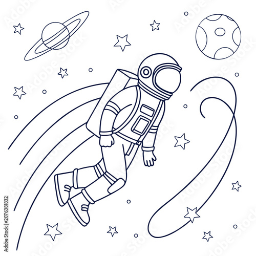 Spaceman soaring through galaxy with shooting star and celestial bodies coloring book outline vector graphics for kids hobby artistic universe themed drawing page minimalist line art style background.