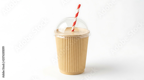 Beige corrugated cup with clear dome lid and red white striped straw