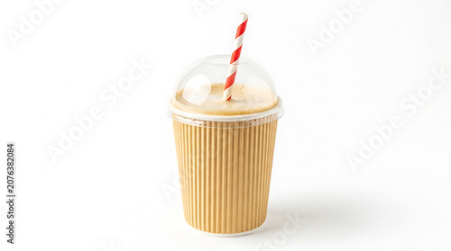 Disposable coffee cup with red and white striped straw