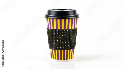 Yellow and purple striped paper coffee cup with black polka dot sleeve 1