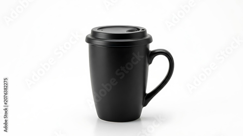 Black ceramic mug with lid on white background black mug