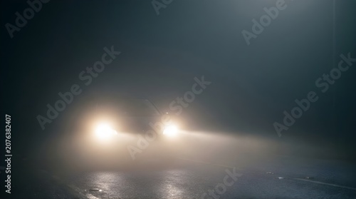 Car headlights glowing through thick heavy fog on a dark night road