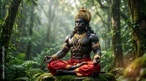 Mystical hindu deity meditating in a lush forest setting