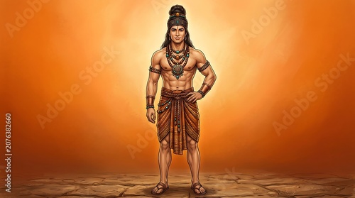 Warrior in traditional ornate attire with dramatic sunset