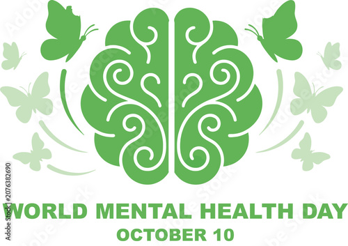 World mental health day concept with brain and butterflies illustration