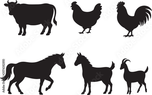 Farm Animal Silhouette Set Vector Collection with Cow Horse Goat Chicken and Rooster