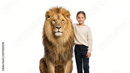 Majestic Lion with Smiling Child on White Background
Wildlife and Childhood Bond Concept