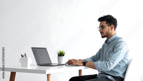 Man working on laptop computer desk.