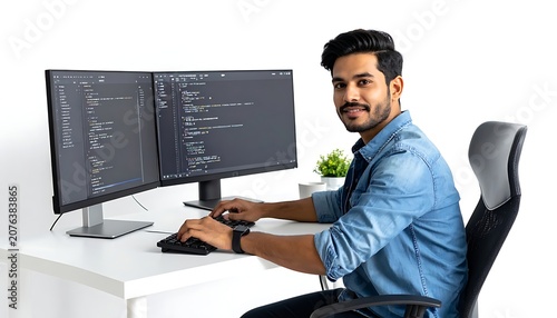 Man working on computer with dual monitors.