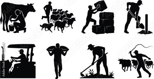 Vászonkép Silhouette collection of farmers doing agricultural work, herding livestock, and