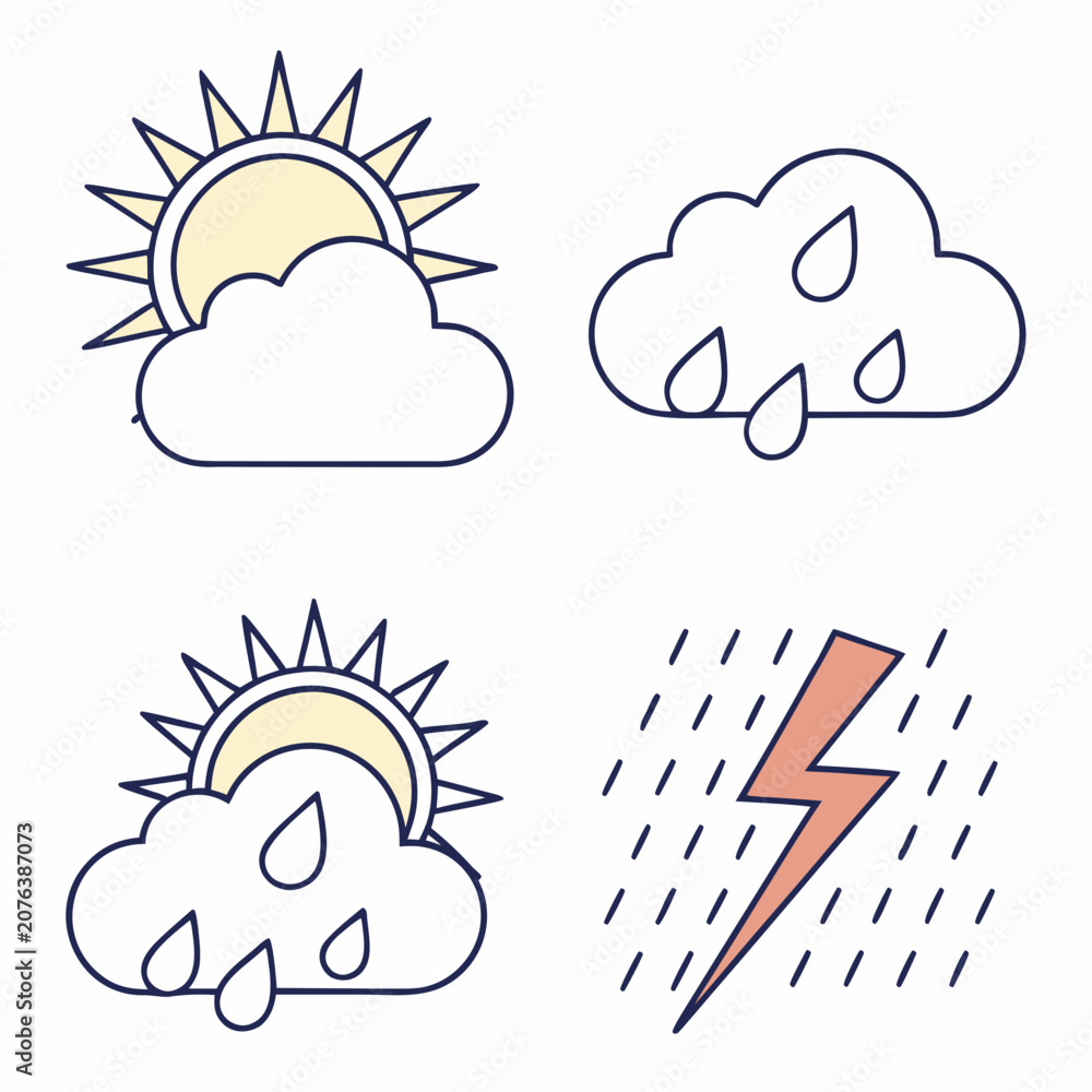 Fototapeta premium Weather Icon Set with Sun Rain Rainbow and Thunderstorm Flat Line Vector Illustration