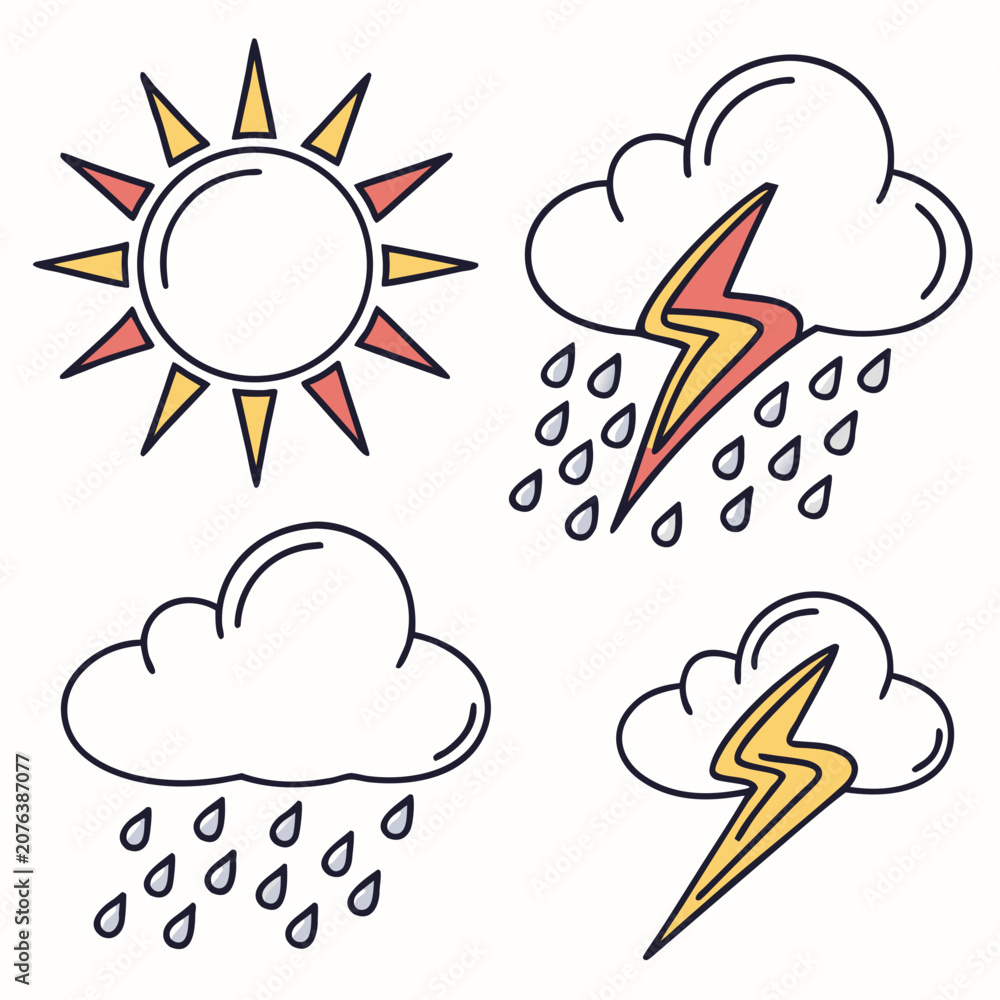 Fototapeta premium Weather Icon Set with Sun Rain Rainbow and Thunderstorm Flat Line Vector Illustration