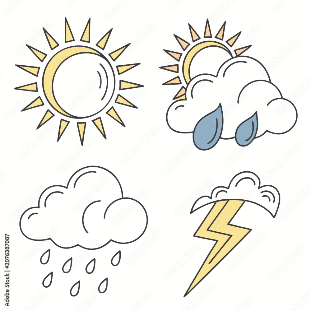 Fototapeta premium Weather Icon Set with Sun Rain Rainbow and Thunderstorm Flat Line Vector Illustration