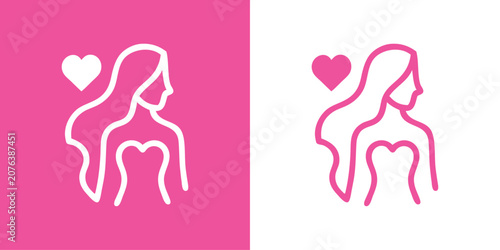 Logotipo con dibujo minimalista con líneas de una mujer de pie de frente con un corazón, en rosa y blanco, para su uso en estética, cuidado personal, belleza o bienestar emocional.