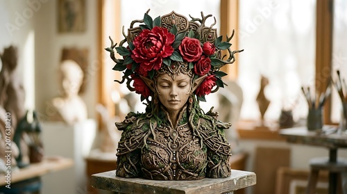 Intricate forest elf bust sculpture adorned with vibrant red peony and rose flowers, set in a rustic artists studio