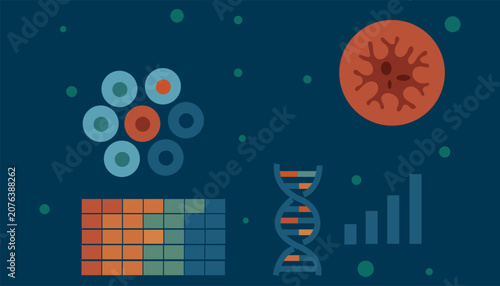 Genetic research infographic showcasing DNA sequencing and cellular analytics vector art
