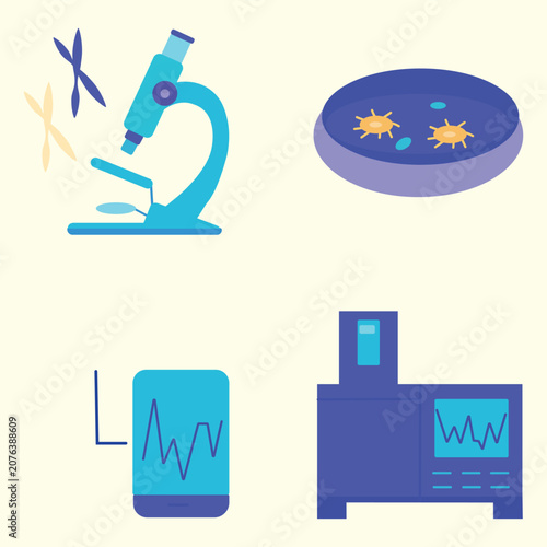 Laboratory equipment set with microscope and petri dish vector and illustration