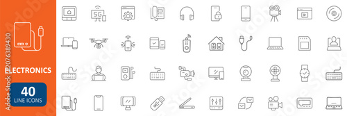 Electronics Icon Set. Technology and Smart Gadget Collection Containing Smartphone, Laptop, Drone, Camera, Smartwatch, Headphones and more. Editable Stroke Vector Illustration
