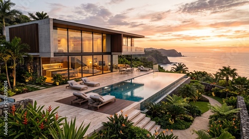 Luxury modern glass villa with infinity pool overlooking ocean sunset in tropical coastal landscape