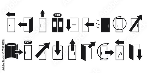 Set of various door and exit signs with arrows and directions multi path exit sign emergency exit stairway sign alarm sign access sign building exits spring door direction emergency