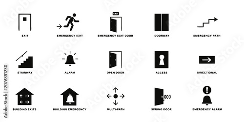 Set of emergency and safety signs with icons and labels multi path exit sign door sign stairway sign alarm sign access sign building exits spring door emergency stairway building
