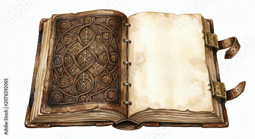 Vintage open leather grimoire with Celtic knot pattern and blank parchment pages watercolor illustration isolated on white background