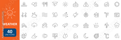 Weather Line Icon Set. Featuring Rain, Cloud, Temperature, Storm, Wind, Snowflake, Forecast and more. Editable Stroke. Vector Illustration