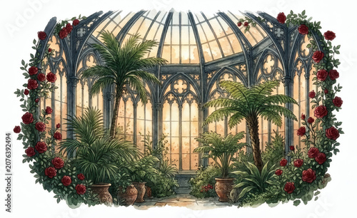 Vintage gothic greenhouse interior with tropical palm trees ferns and red climbing roses watercolor illustration isolated on white background