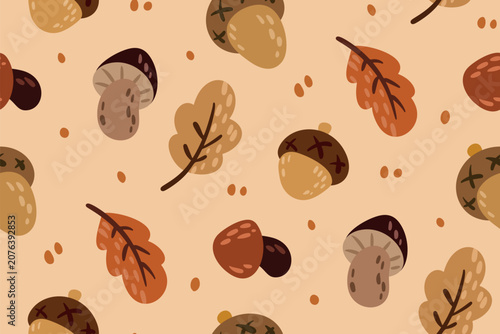 Seamless botanical pattern in autumn motif. Simple cute design of hand drawn wild forest plants, fall mushrooms, oak leaves, acorns, doodle dots on beige background. Kids style. Vector illustration.
