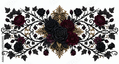 Ornate gothic border header decoration with black and burgundy roses thorny vines and gold filigree isolated on white background
