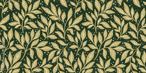 Seamless botanical pattern, vintage nature print of hand drawn foliage silhouettes. Elegant floral design, ornament of large leaves, branches of herbs abstract on dark background. Vector illustration.