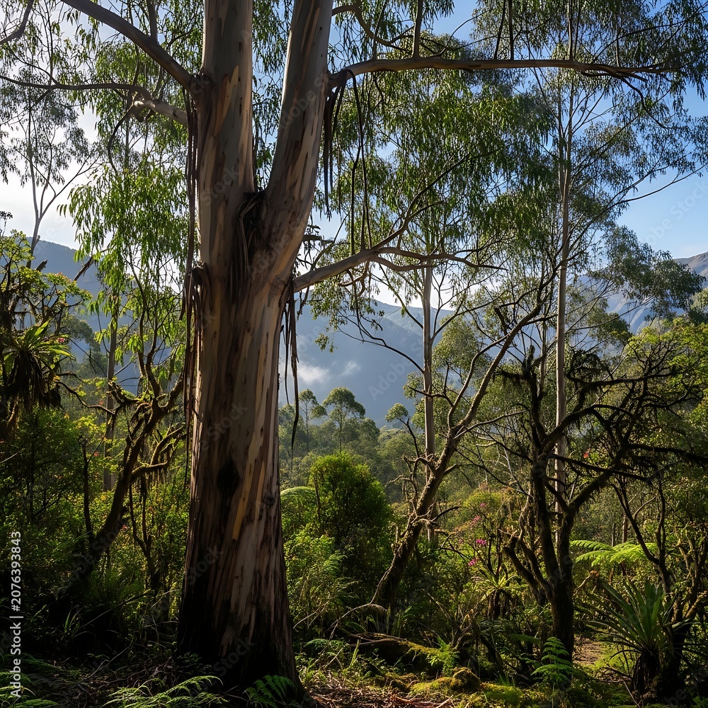 Fototapeta premium Tall Eucalyptus Tree Standing in Sunlit Mountain Forest