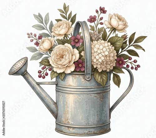 Vintage watercolor rustic watering can with beautiful flower bouquet isolated on white background