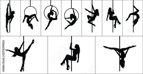 Pole Dance and Aerial Hoop Silhouette Collection with Acrobat Performance Vector Set