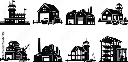 Photos Harbor Buildings and Maritime Facility Silhouette Collection Vector Illustration