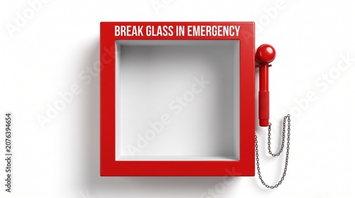 Empty Red Emergency Break Glass Box with Hammer Mockup Isolated on White Background
